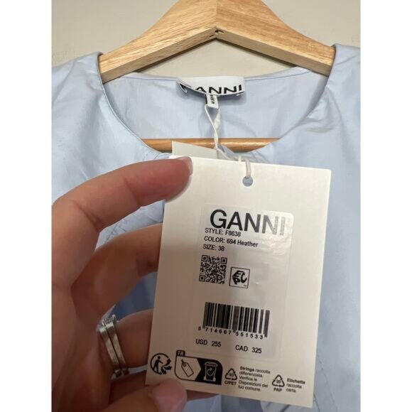 NWT Ganni Poplin Shirt Cotton Oversized Collar Puffed Sleeve Top Heather Size: M - Picture 5 of 8